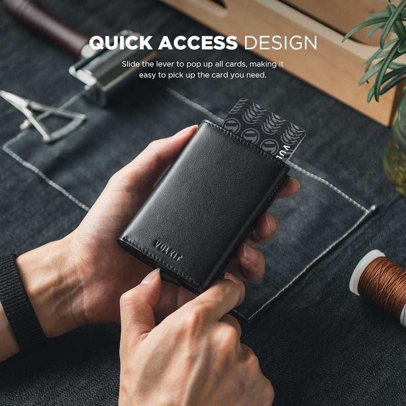 VULKIT محفظة بطاقات منبثقة - محفظة نقدية بسيطة مع حماية RFID من الجلد لحامل بطاقات الائتمان الذكي مع نافذة هوية للرجال - Image 4